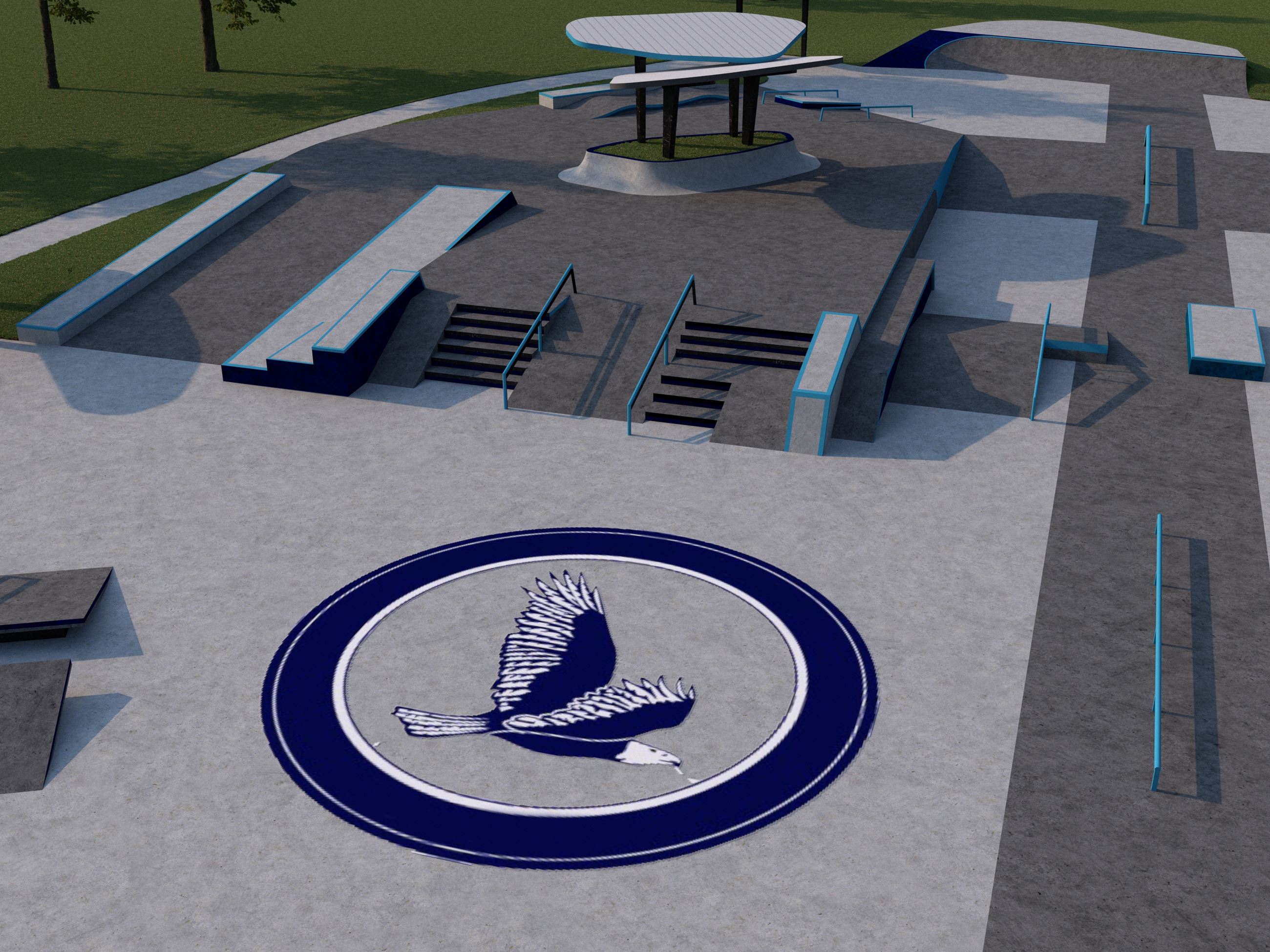 View of skate park stairs and rail features. 