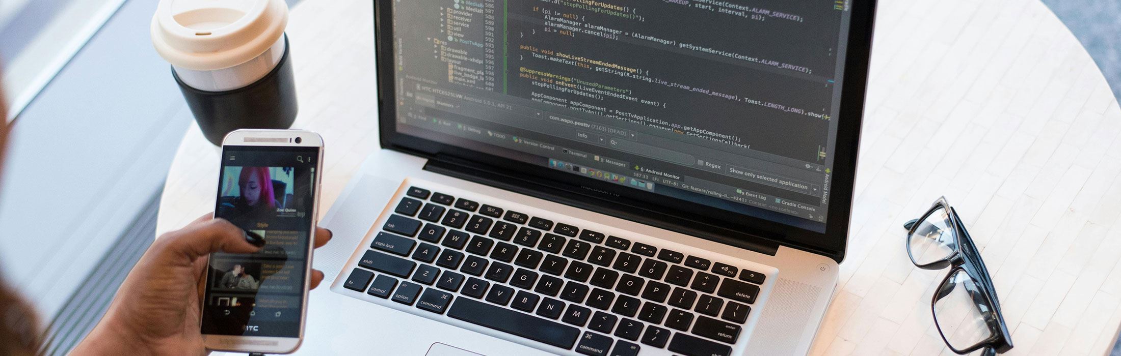 Stock photo of laptop and coffee cup