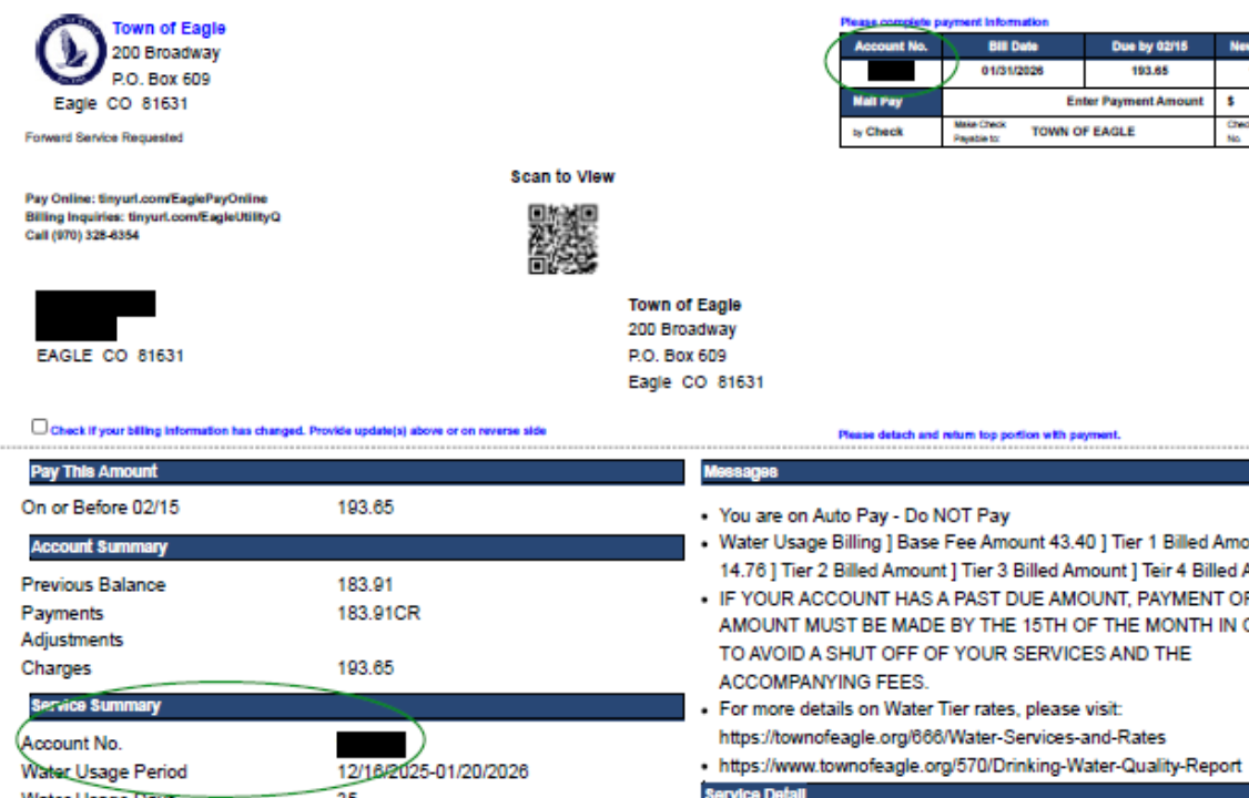 Town of Eagle Billing Example for Internet Customers with Account Number circled in green