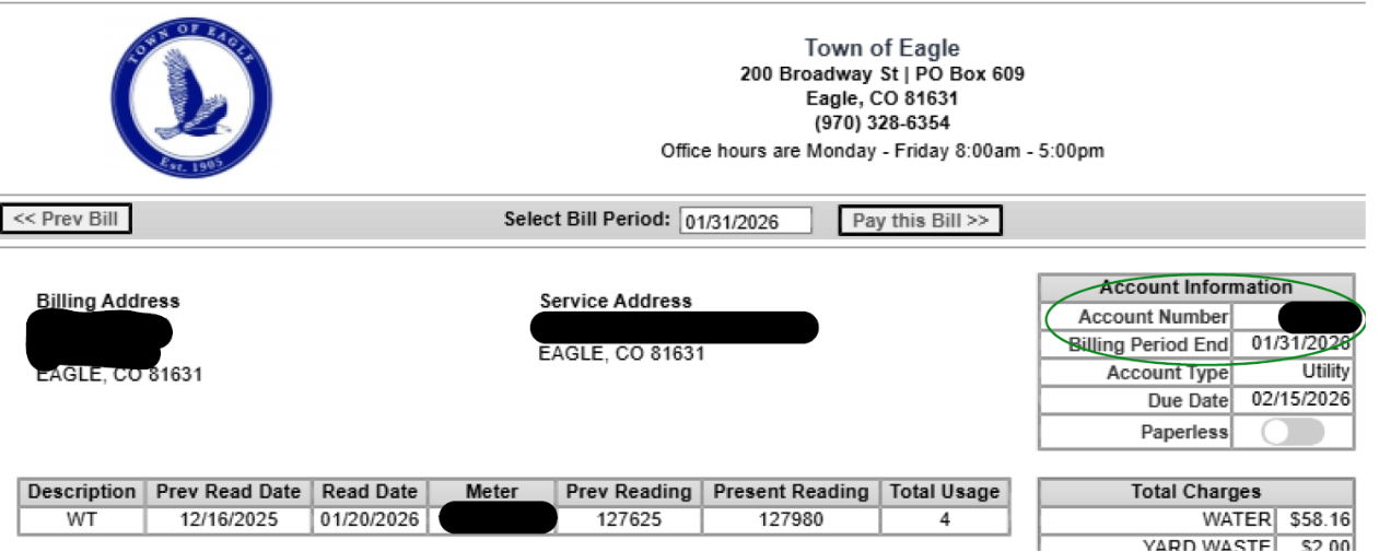 Second Town of Eagle Billing Example for Internet Customers with Account Number Circled in Green